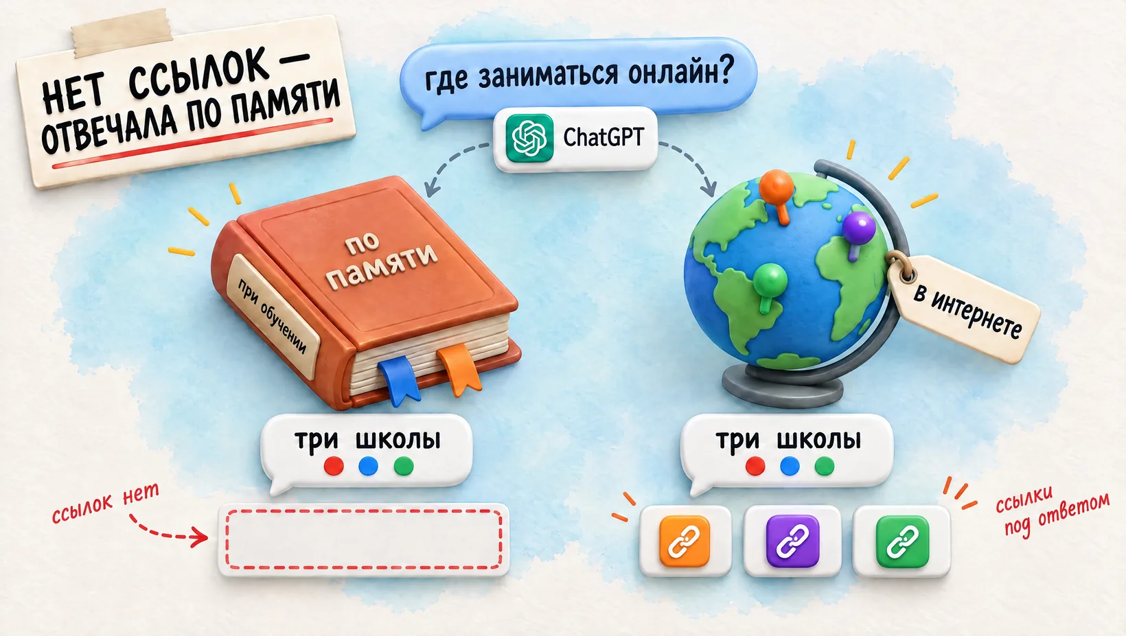 Развилка: по памяти нейросеть отвечает без ссылок, через поиск в интернете — со ссылками. Надпись: нет ссылок — отвечала по памяти.