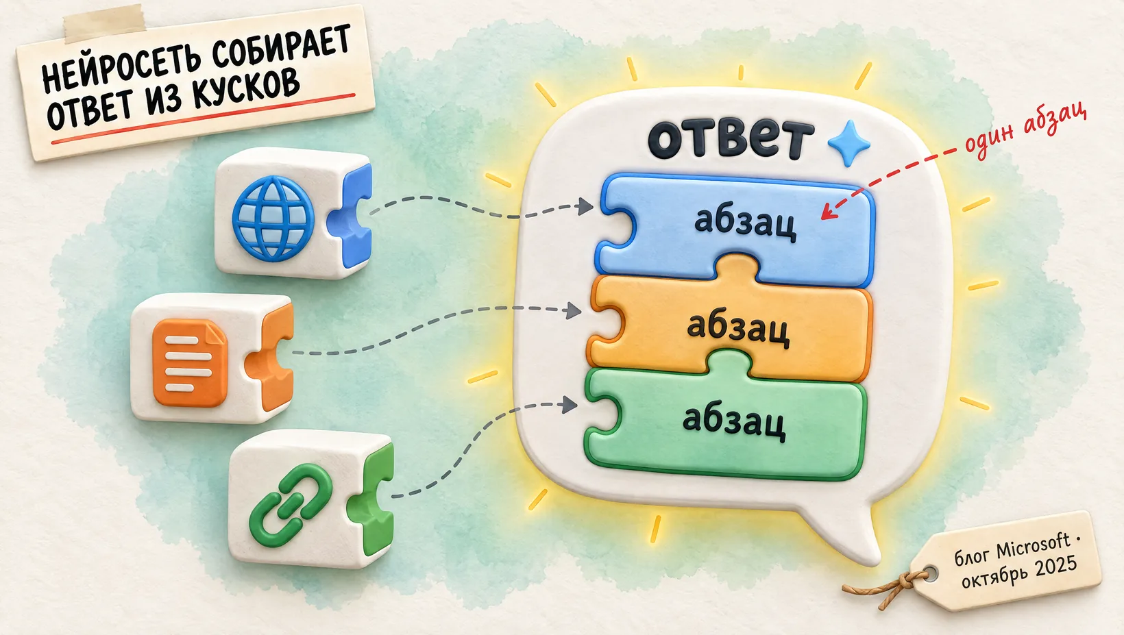Облачко ответа нейросети собрано, как пазл, из трёх абзацев с трёх разных сайтов. Надпись: нейросеть собирает ответ из кусков.
