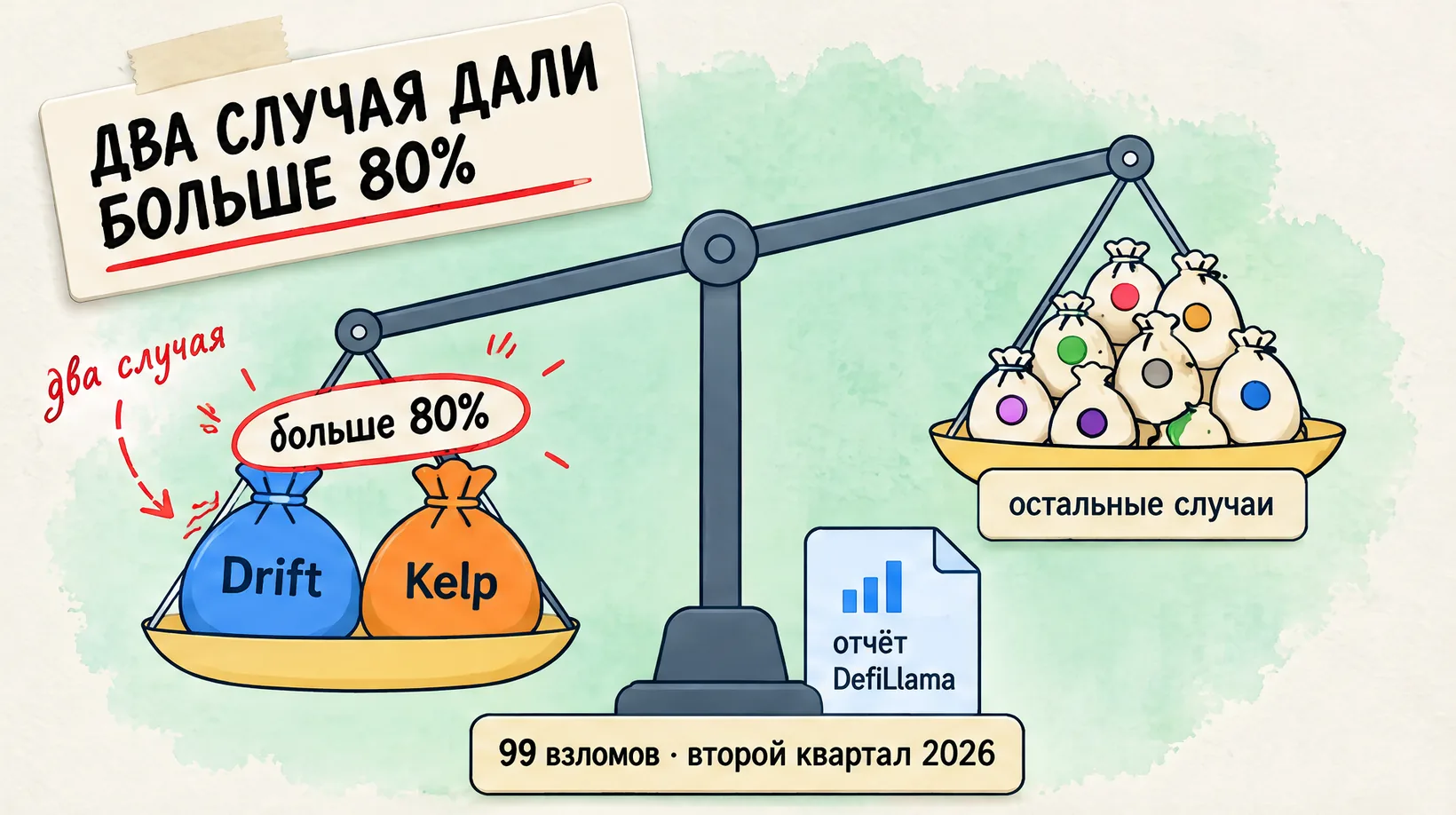 Весы: два больших мешка Drift и Kelp перевешивают горку мелких мешочков остальных случаев. Надпись: Два случая дали больше 80%
