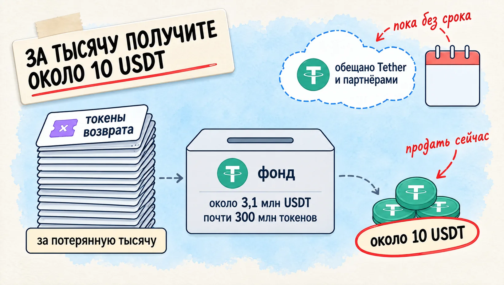 Стопка токенов возврата через фонд становится горсткой монет, обещания Tether и партнёров без срока. Надпись: За тысячу получите около 10 USDT