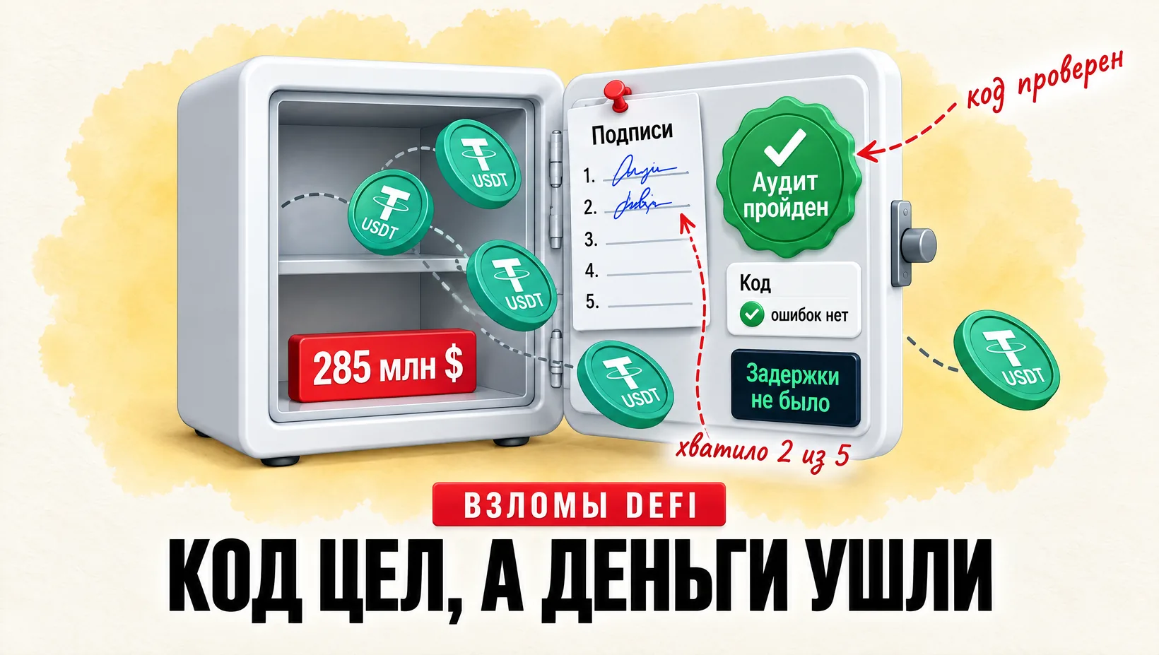 Открытый пустой сейф протокола: печать «Аудит пройден», код без ошибок, хватило двух подписей из пяти. Надпись: Код цел, а деньги ушли