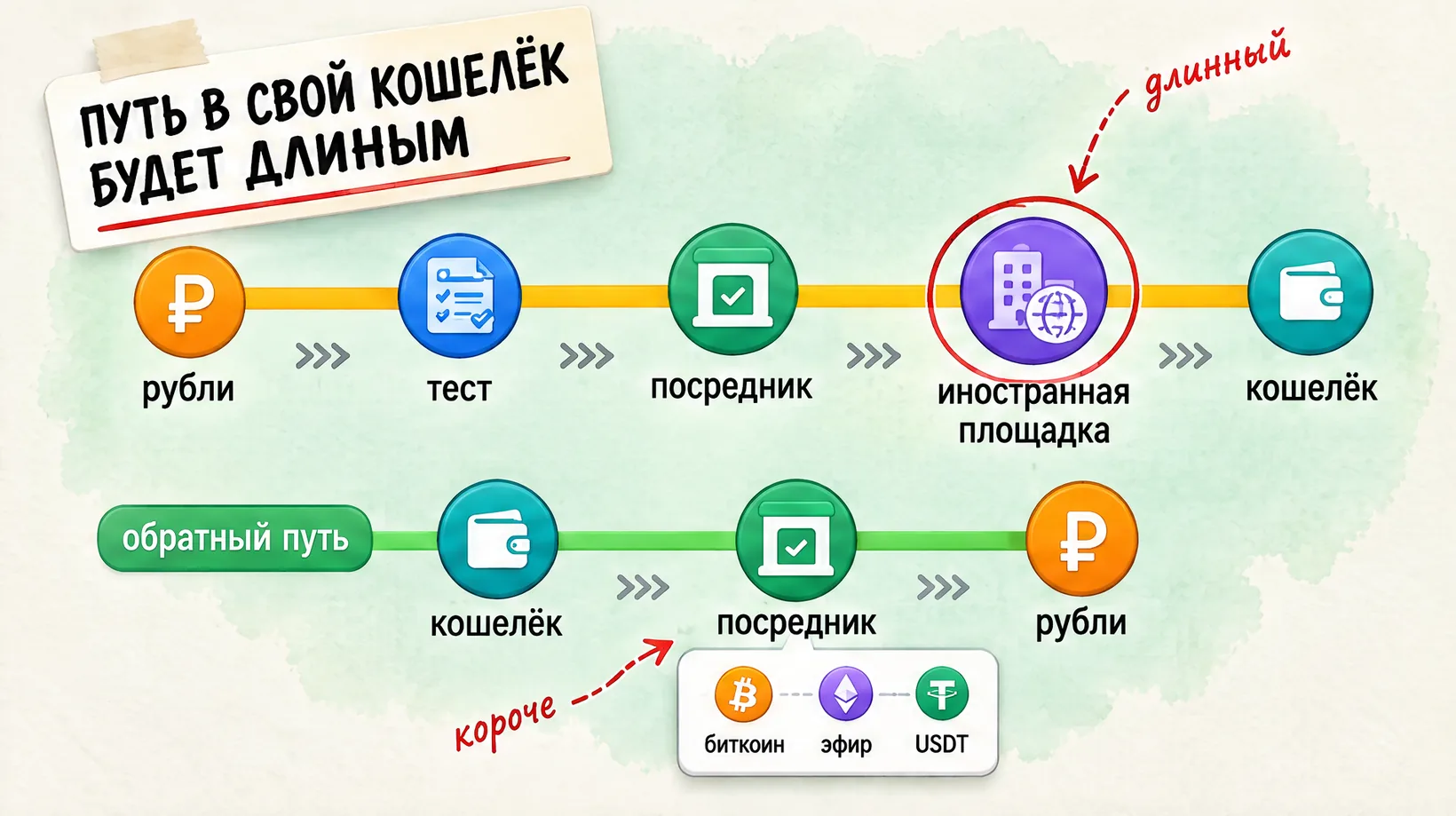 Две линии: в кошелёк — через тест, посредника и иностранную площадку, обратно — сразу к посреднику. Надпись: Путь в свой кошелёк будет длинным