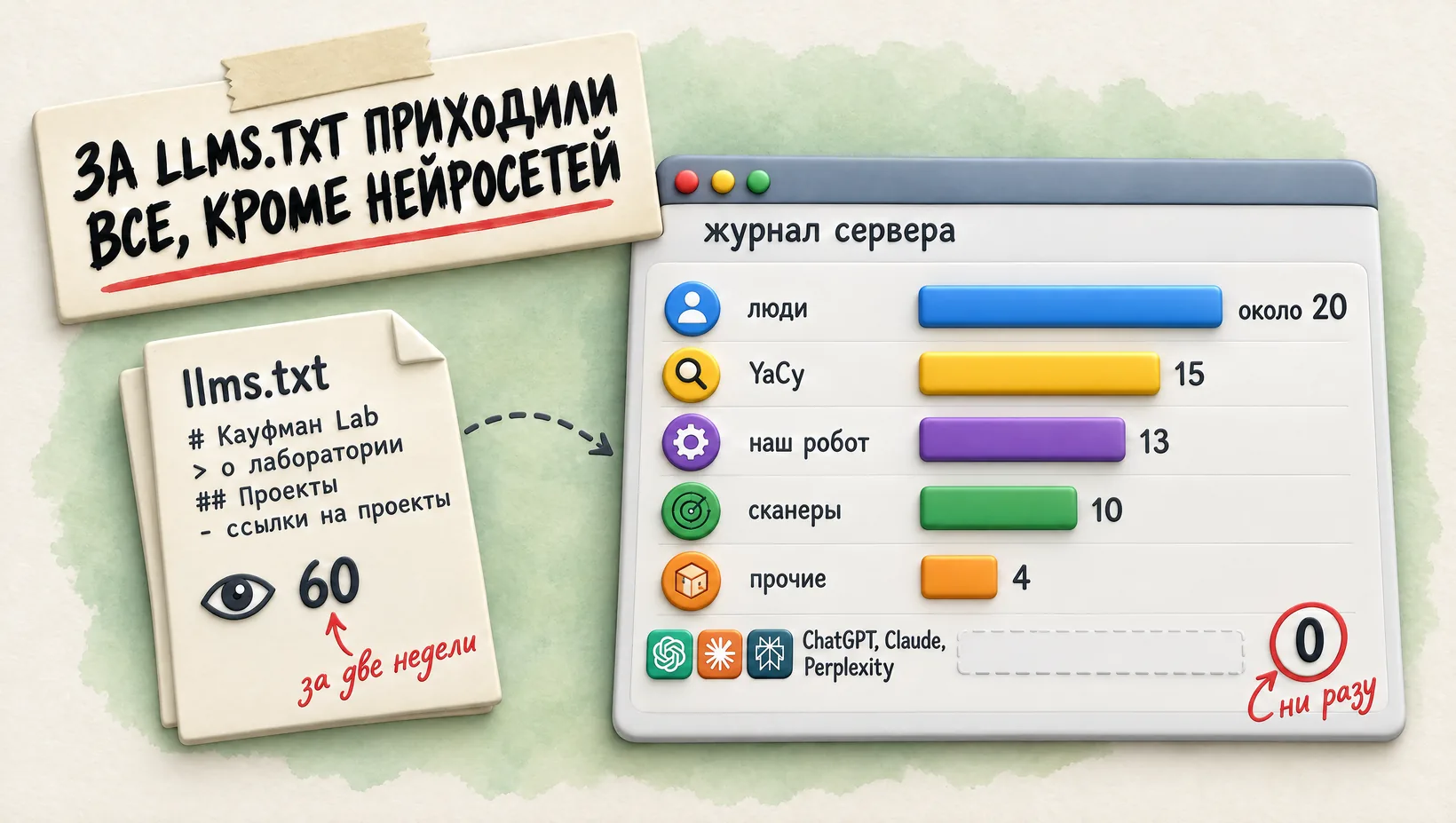 График: llms.txt открыли 60 раз, роботы ChatGPT, Claude и Perplexity ни разу. Надпись: за llms.txt приходили все, кроме нейросетей.