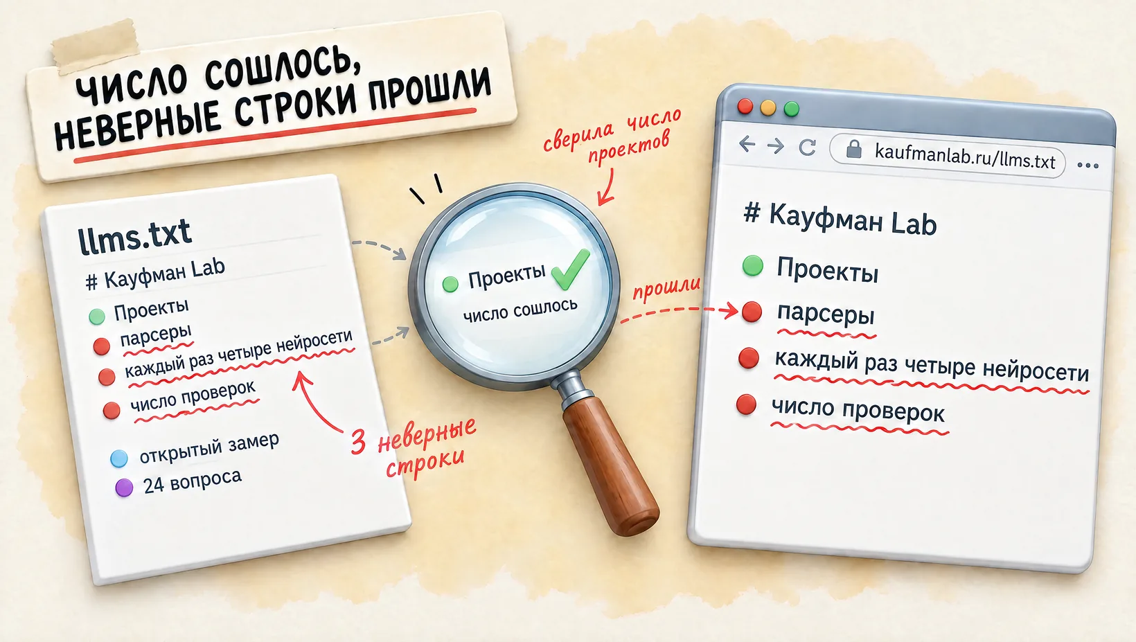 Схема: проверка сверила только число проектов, три неверные строки прошли мимо неё на сайт. Надпись: число сошлось, неверные строки прошли.