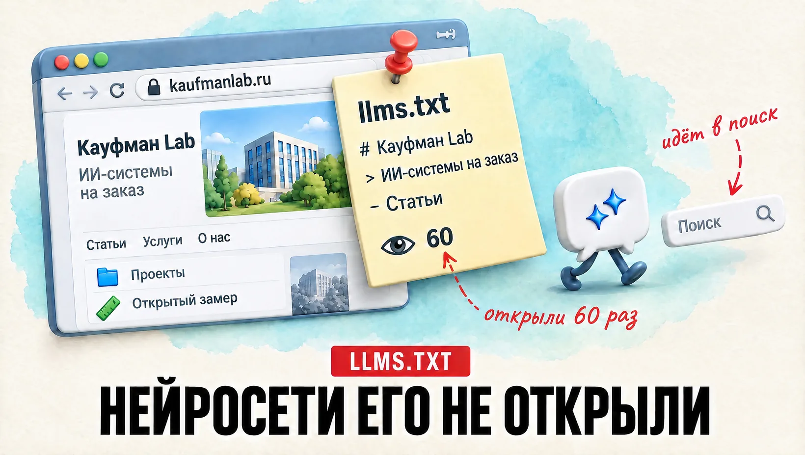 Карточка llms.txt на окне сайта kaufmanlab.ru, нейросеть проходит мимо к строке поиска. Надпись: нейросети его не открыли.