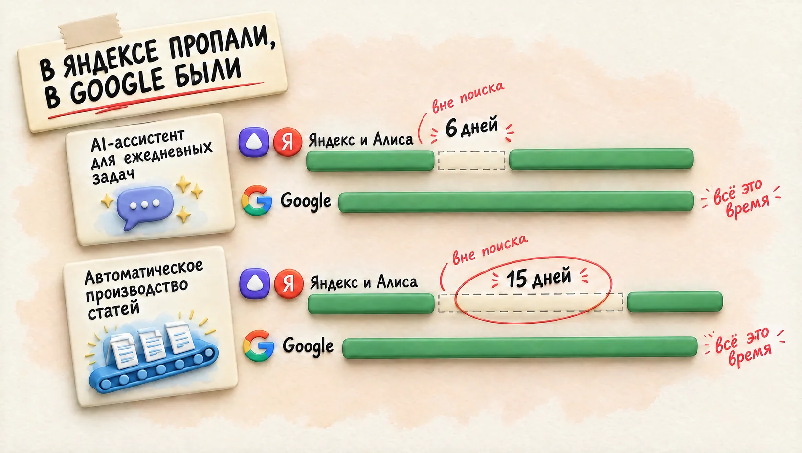 График: пока статей не было в поиске Яндекса и ответах Алисы, в базе Google они оставались. Надпись: в Яндексе пропали, в Google были.