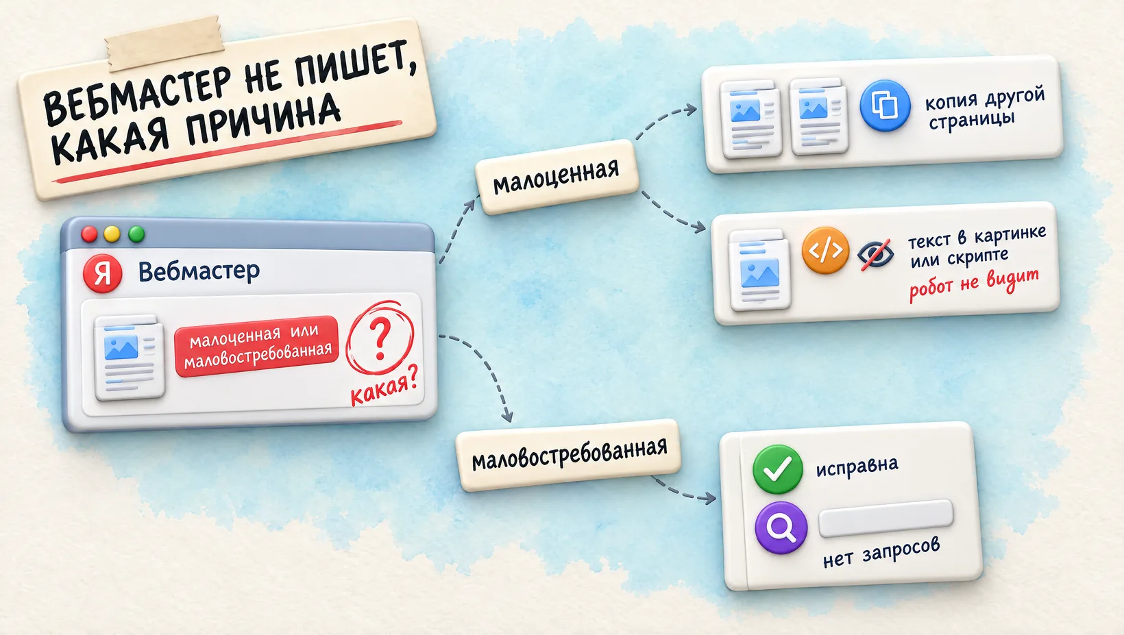 Схема: от метки в Вебмастере две ветки: копия или невидимый текст и исправная страница без запросов. Надпись: Вебмастер не пишет, какая причина.