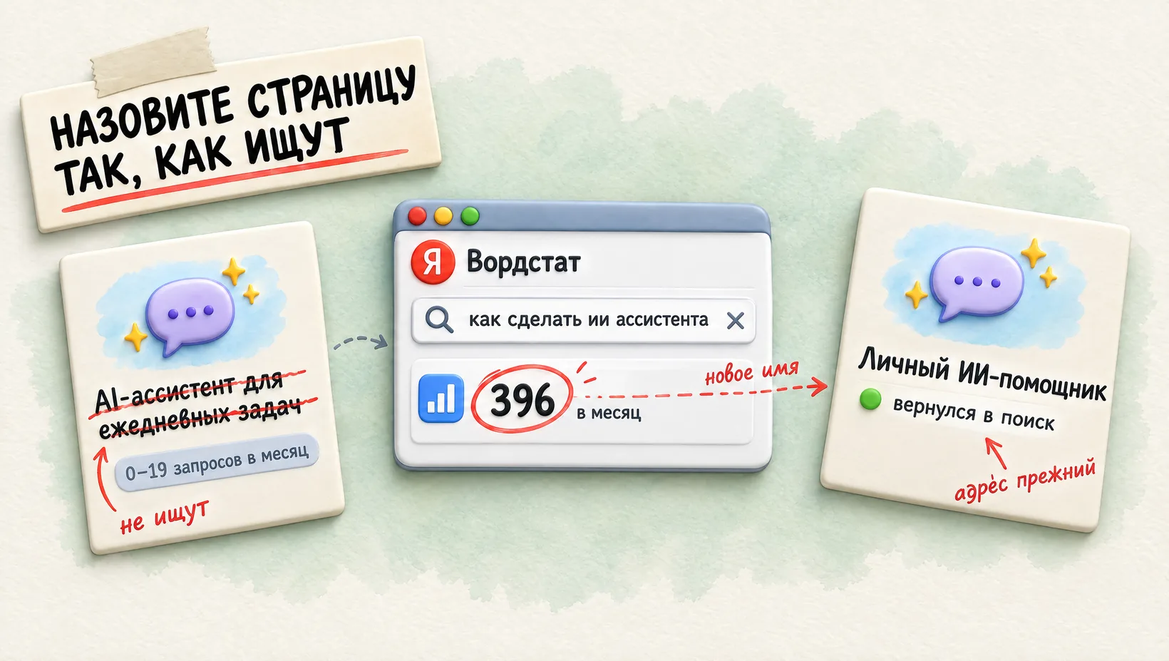 Схема: старый заголовок проверили в Вордстате и сменили на «Личный ИИ-помощник», статья вернулась в поиск. Надпись: назовите страницу так, как ищут.