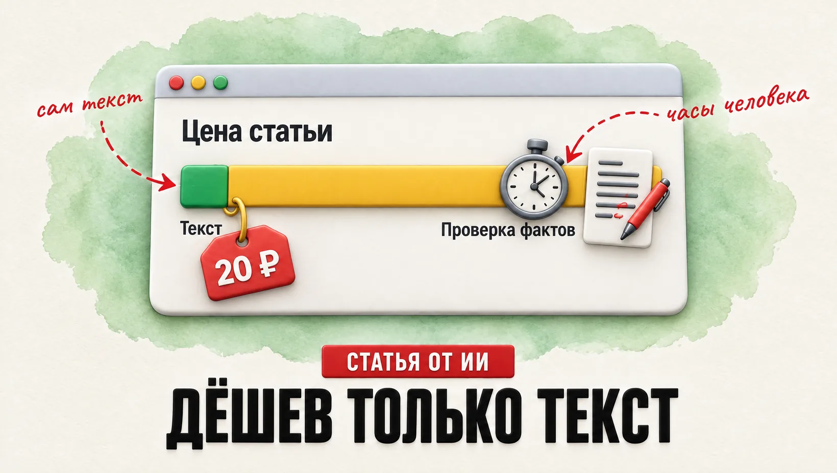 Окно «Цена статьи»: короткая полоса «Текст» и длинная «Проверка фактов» с секундомером. Надпись: дёшев только текст.