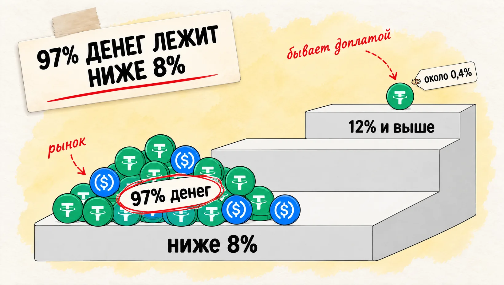 Лестница ставок: на нижней ступени гора монет, на верхней одна монета с пометкой о доплате. Надпись: 97% денег лежит ниже 8%